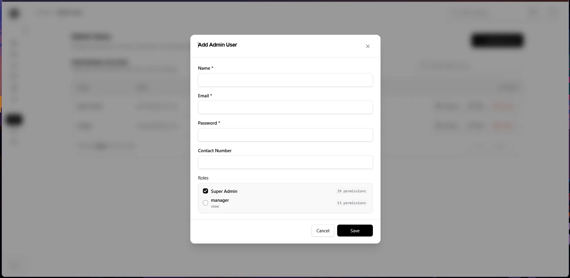 Admin user dialog
