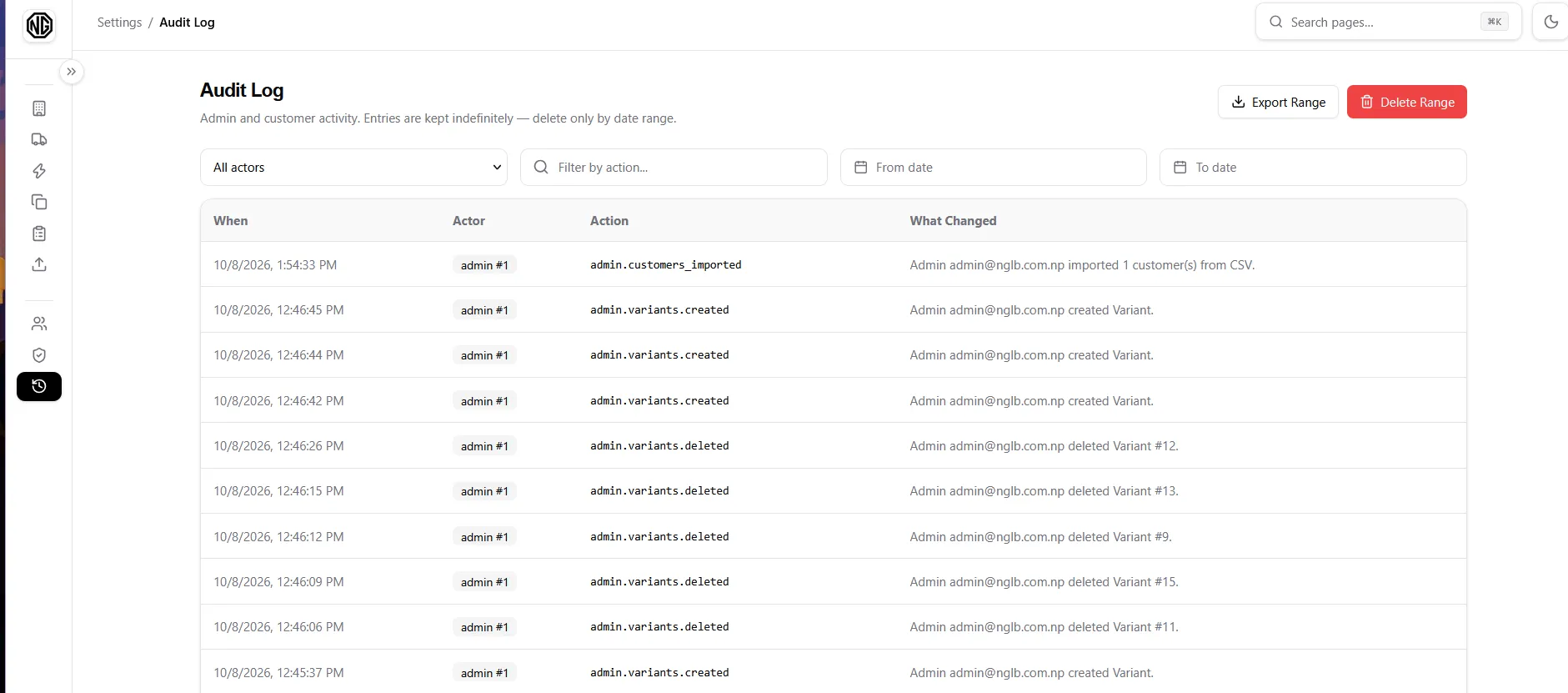 Audit log table
